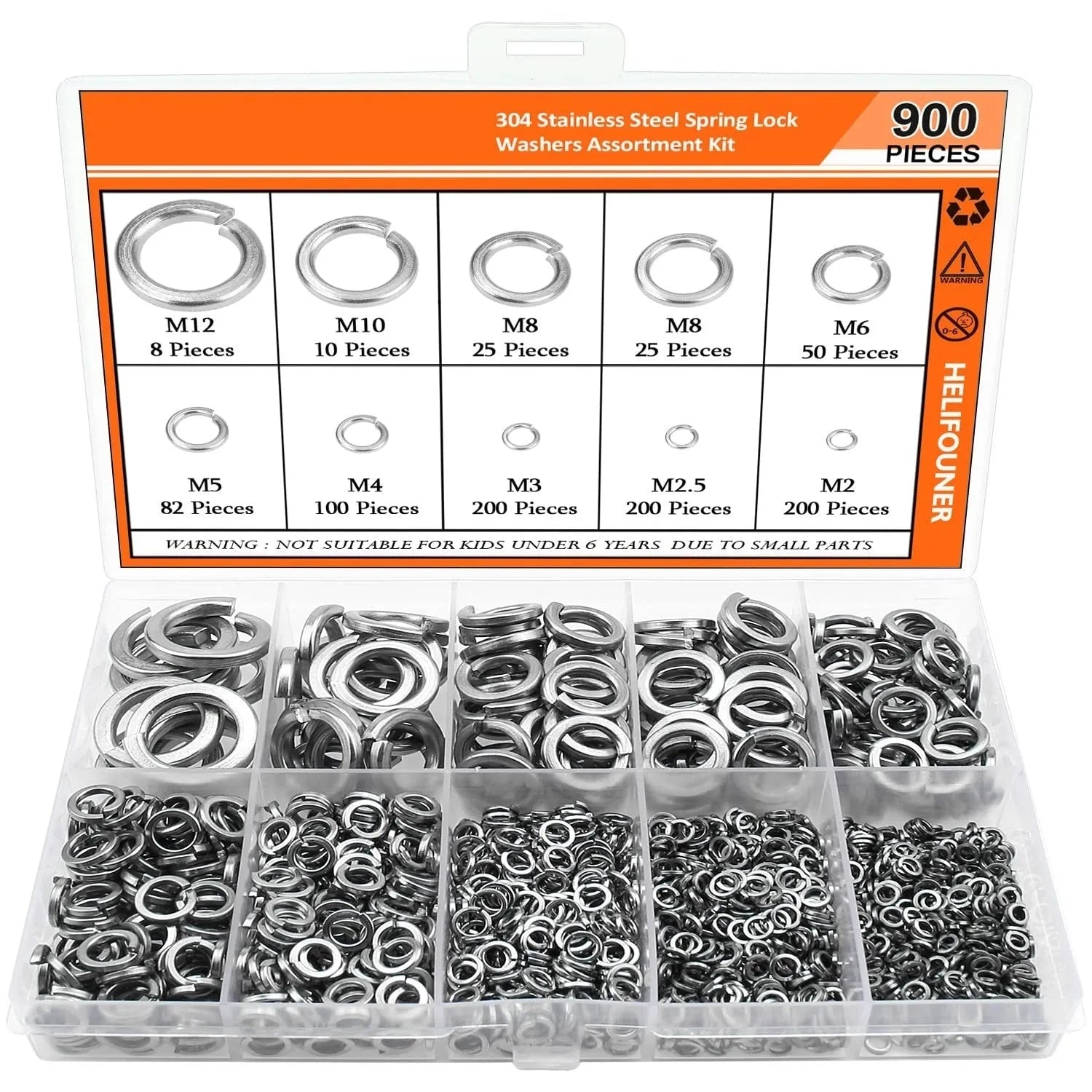 304 stainless steel spring lock washer combination box with 900 pieces in assorted sizes from M2 to M12