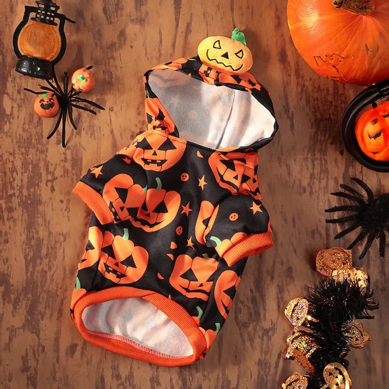 Halloween pet costume for small dog, shown as a crystal velvet pumpkin skirt and festive sweater.