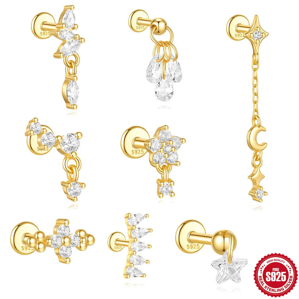 S925 sterling silver geometric stud earrings with moon shape and diamond-embedded star detail in a gold tone.