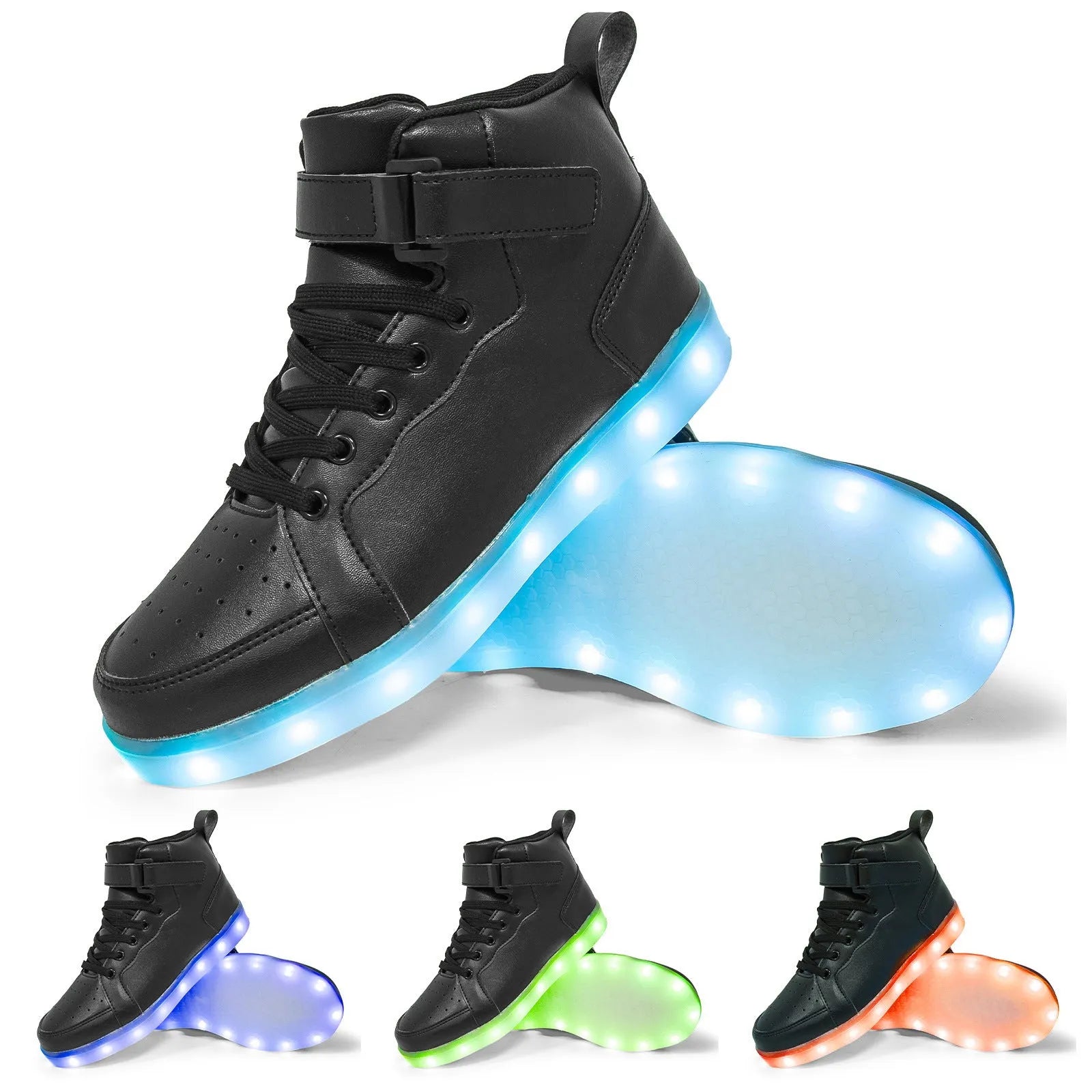 LED high-top board shoes in black, gold and white colours with Velcro fastening and rubber soles
