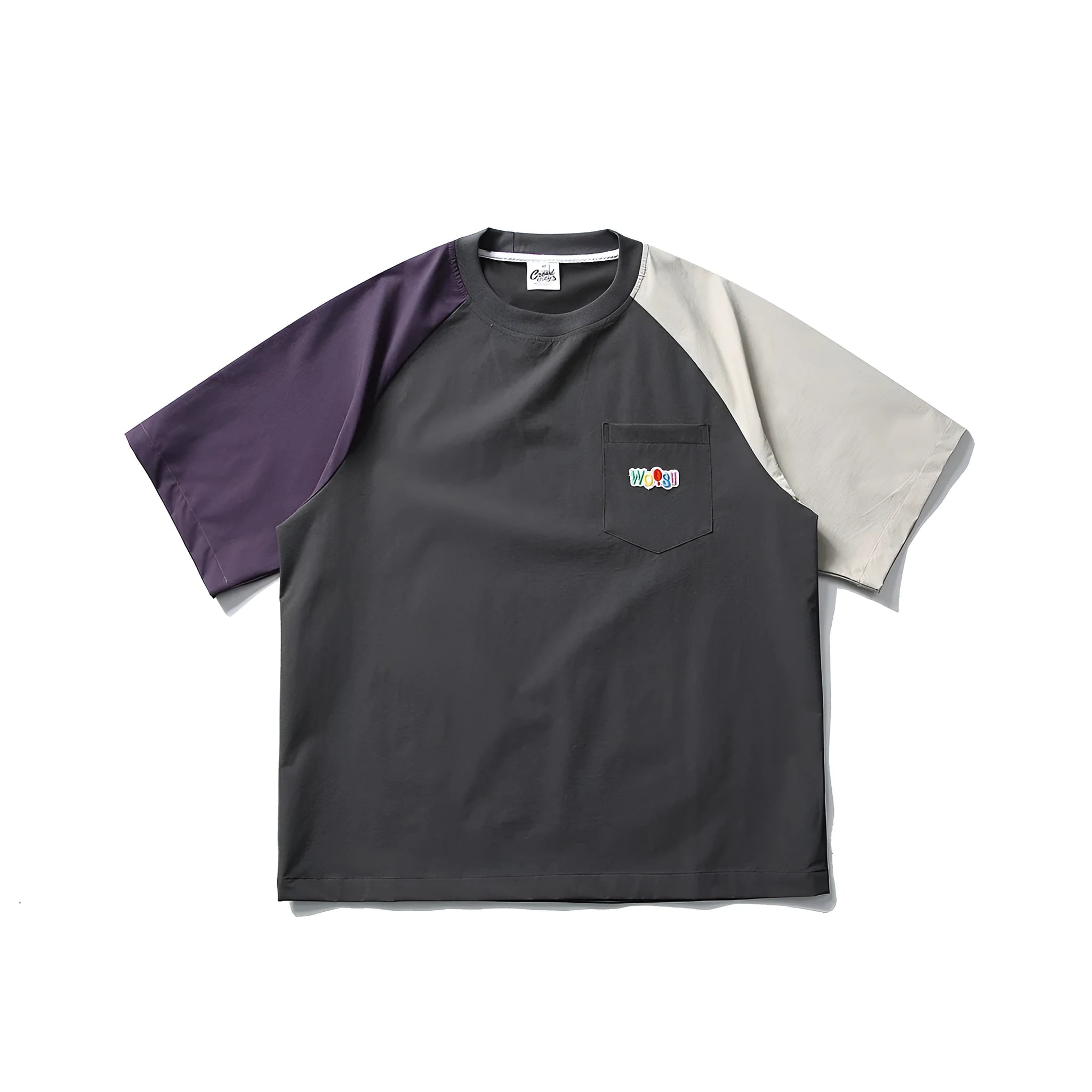 Dark grey men's t-shirt with contrast colour raglan sleeves and loose fit