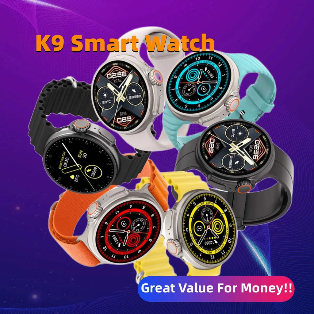K9 smart watch with round screen on silicone strap showing fitness stats interface