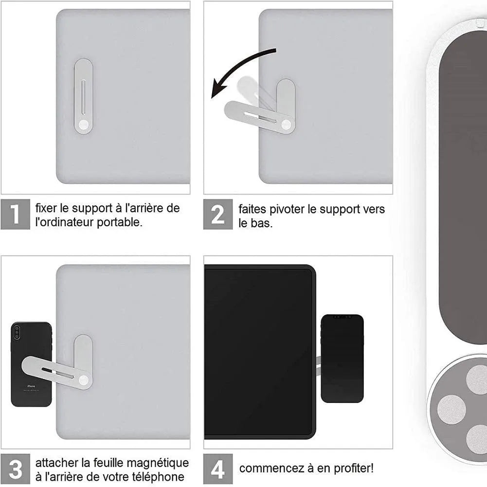 Silver aluminium alloy screen support holder for laptop side mount connecting a tablet and phone