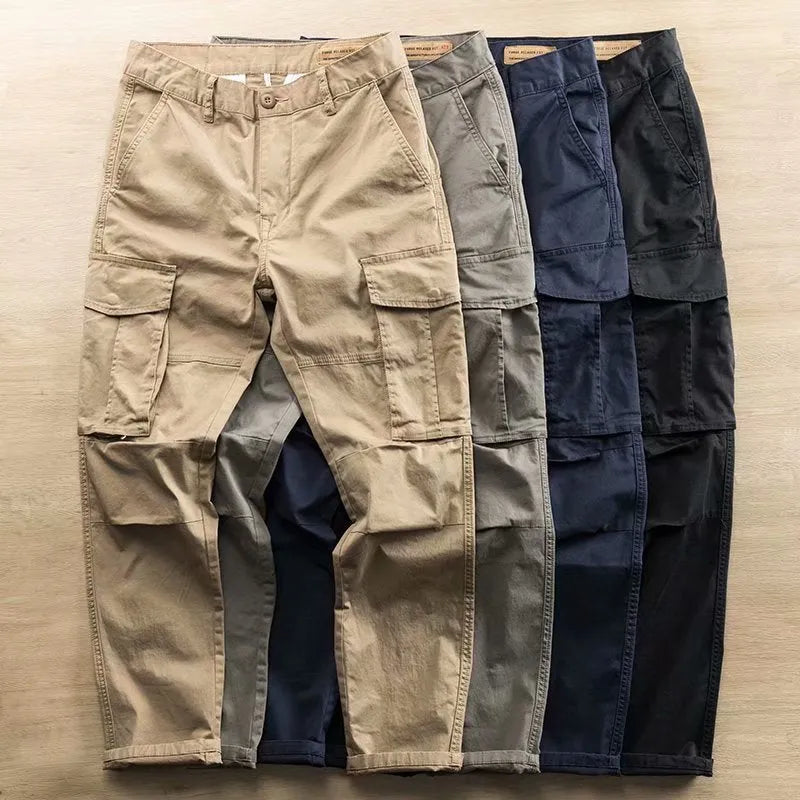 Men's multi-pocket cotton work trousers in solid colour, cropped length, available in khaki