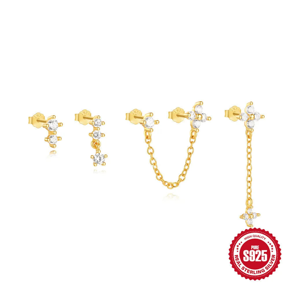 S925 sterling silver geometric clover petal earrings for women with electroplated gold finish, cold style design.