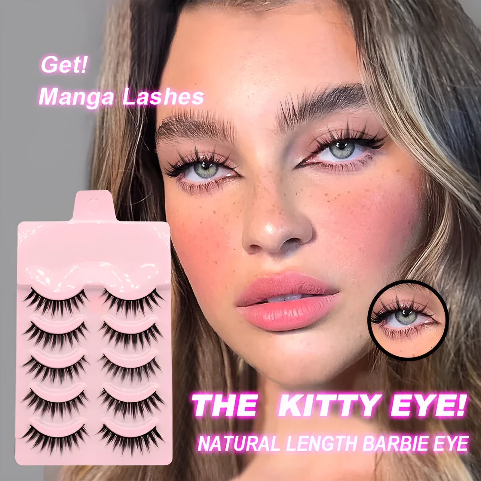Pack of manga-style false eyelashes showing natural wispy lashes on a black plastic band.
