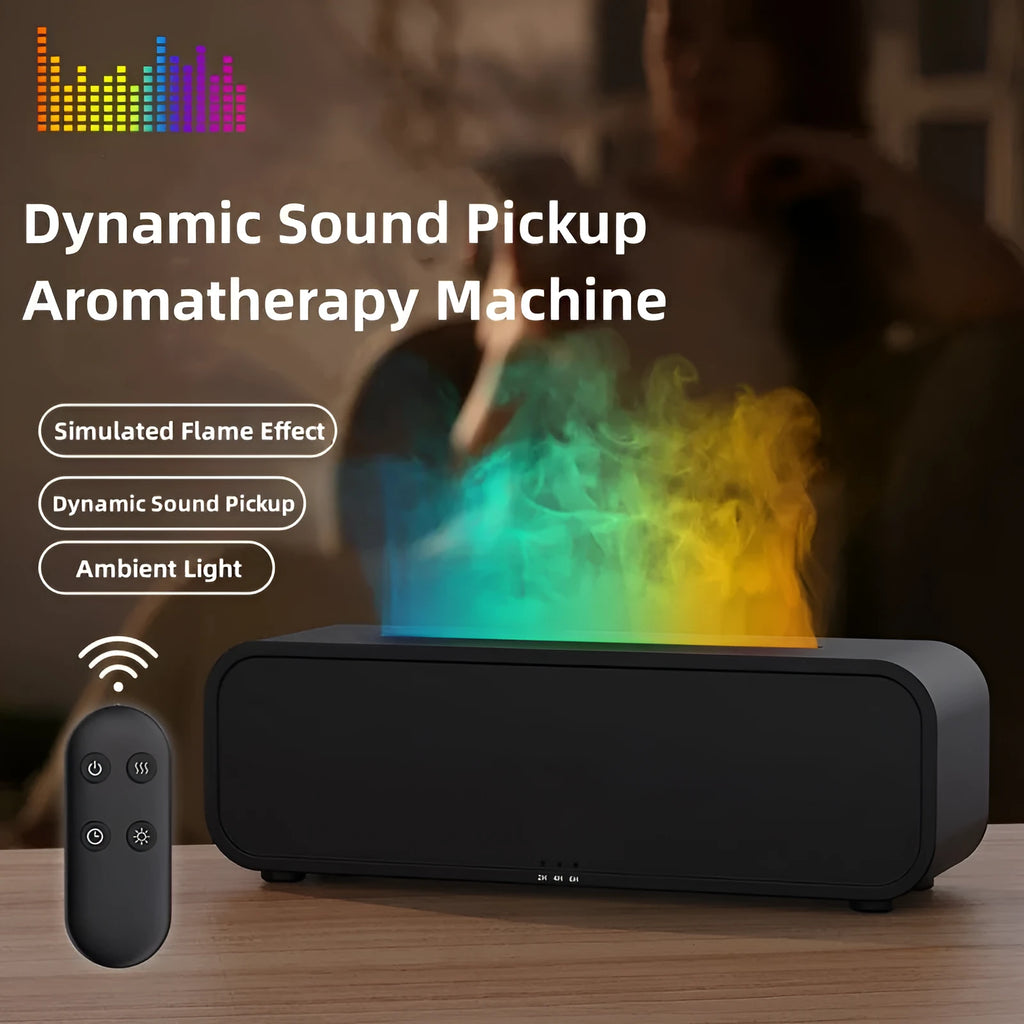 Black and white aroma diffuser with flame effect and colour-changing lights showing remote control