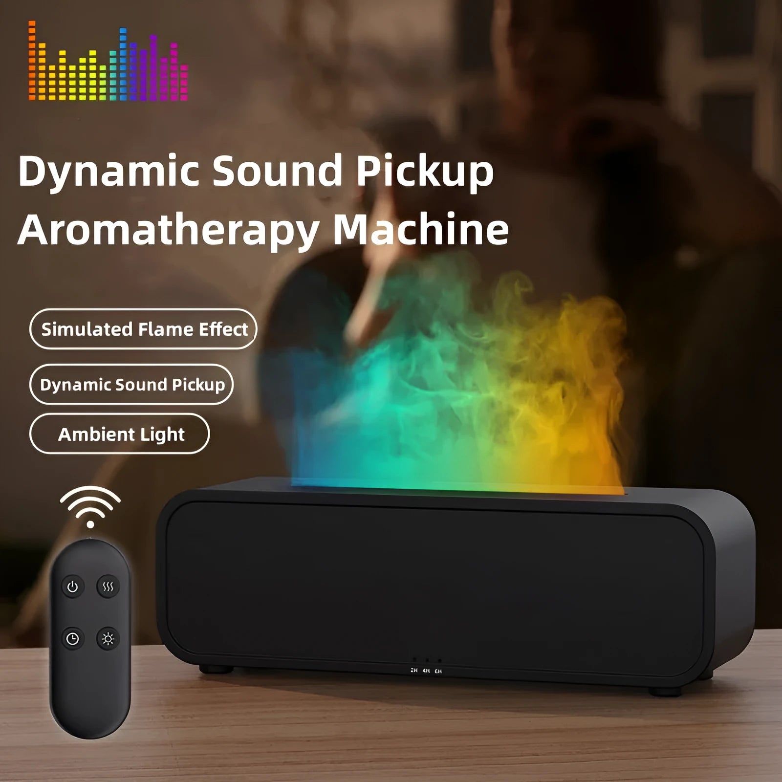 Black and white aroma diffuser with flame effect and colour-changing lights showing remote control