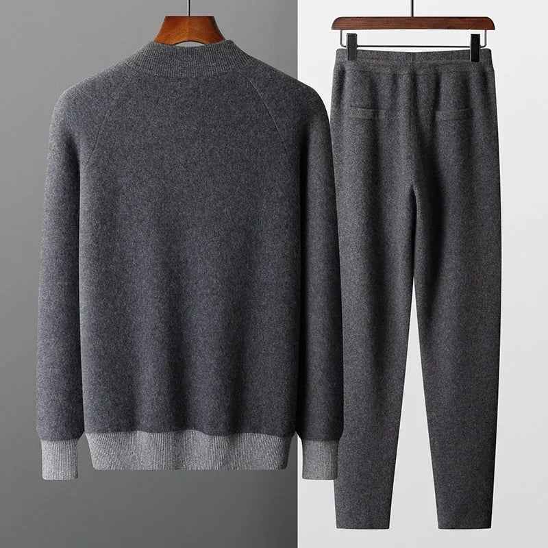 Men's navy blue cashmere wool blend winter sports cardigan suit with zipper front and matching trousers