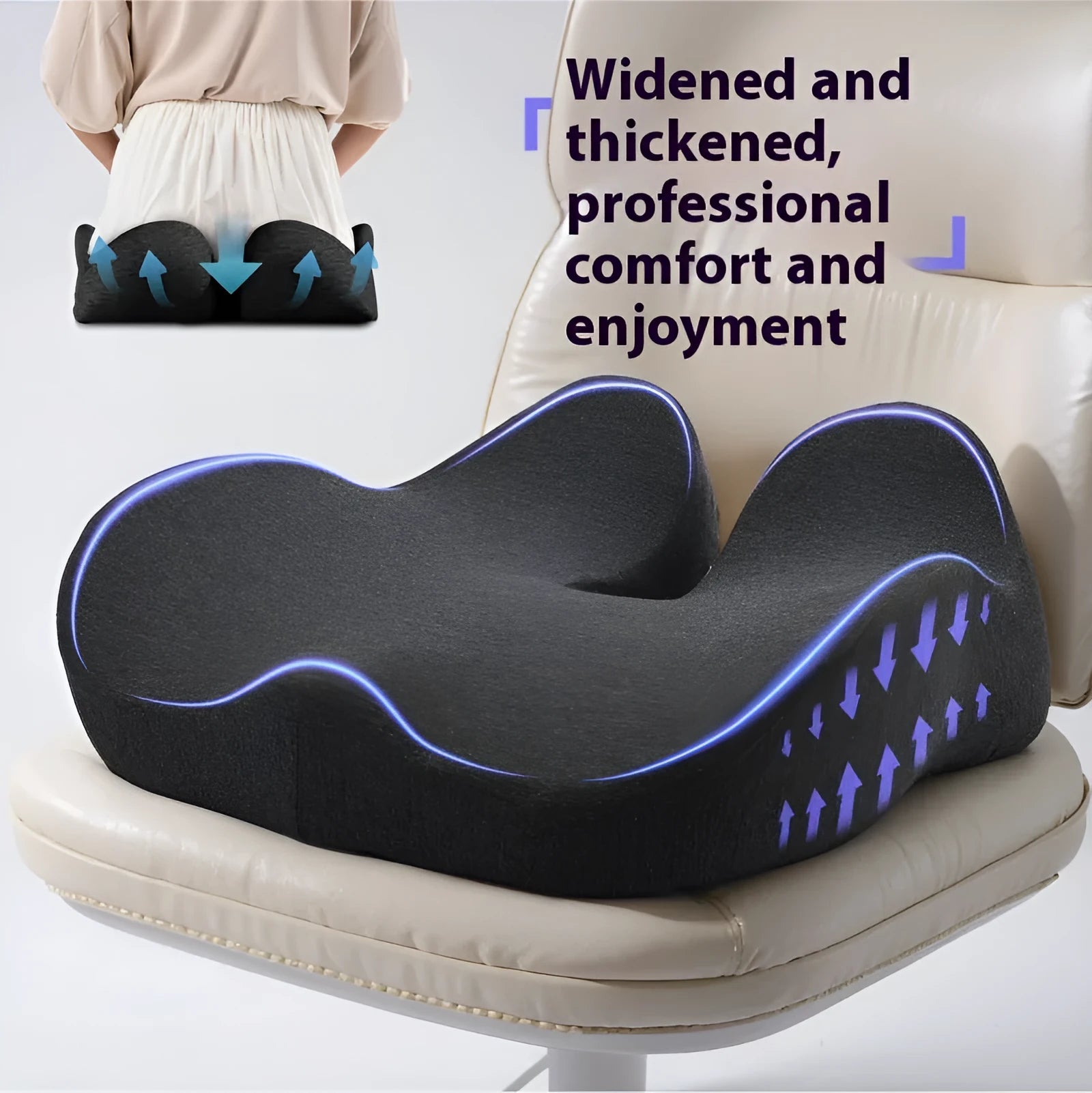 Solid colour memory foam office chair cushion showing light grey, black, and green options.