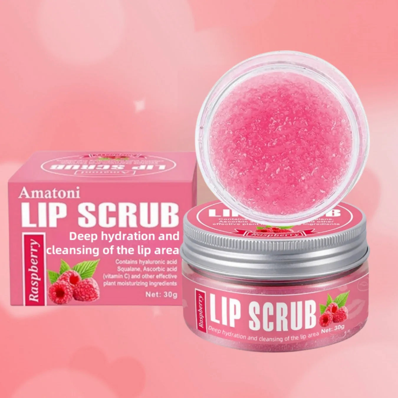 30g jar of fruit flavour lip scrub cream in coconut, raspberry, vanilla, or watermelon