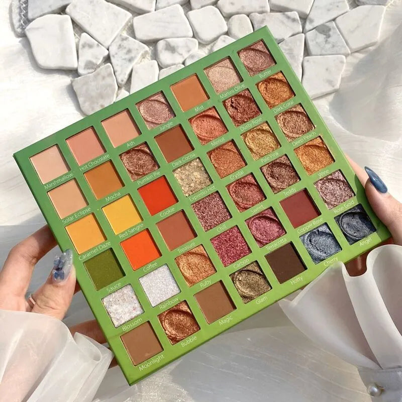 42-colour eyeshadow palette with potato and matte textures, compact case, green style, smooth shiny and matte powders