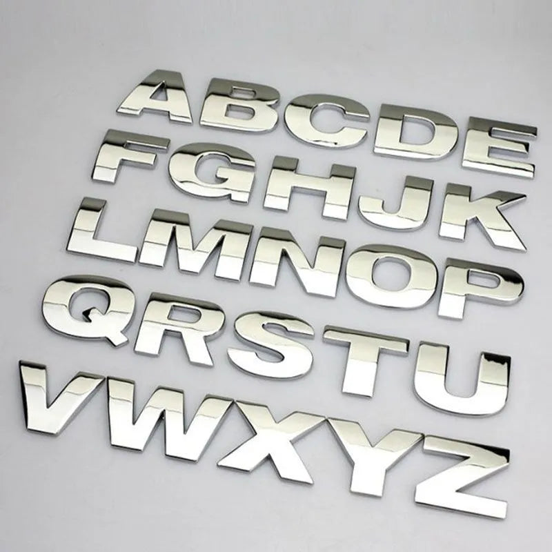 3D metal car letter stickers in zinc alloy showing raised alphabet letters for vehicle customisation