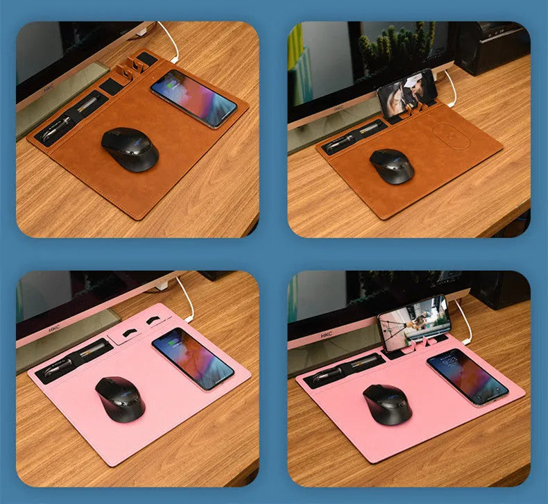 Pink PU leather wireless charging mouse pad with phone holder showing 320x260 mm dimensions