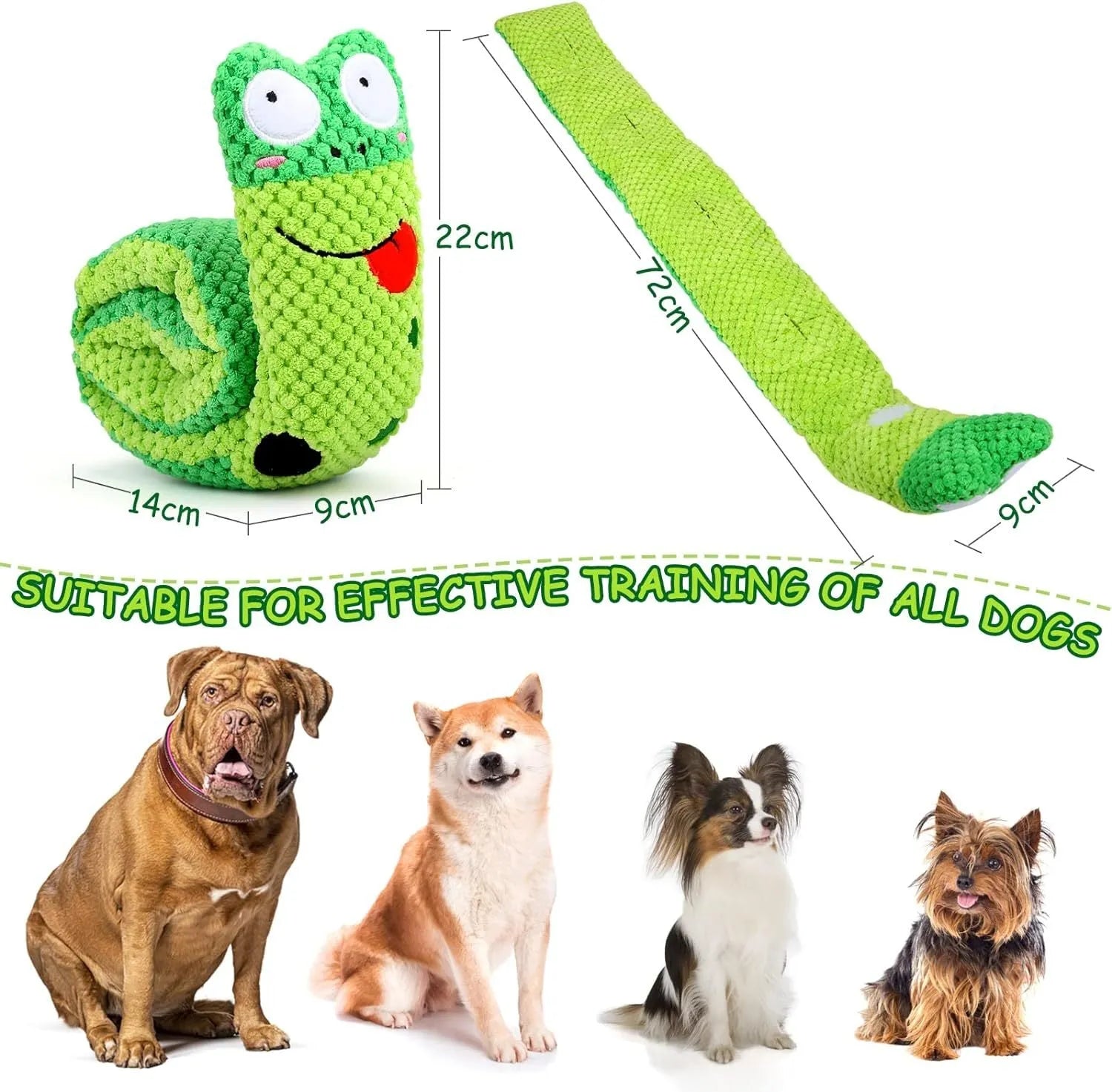 Squeak dog puzzle toy in frog, snail, or snake design with foraging holes