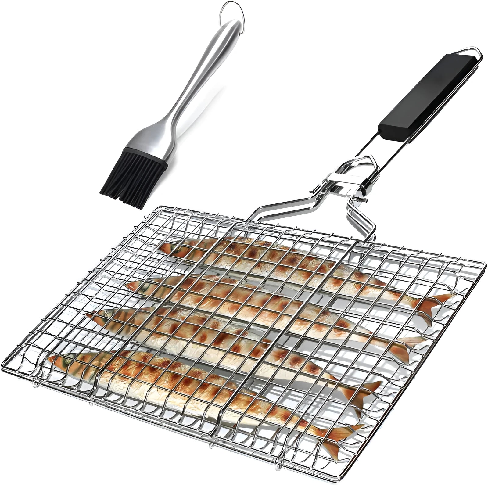 Square stainless steel folding barbecue mesh basket with a cleaning brush for outdoor grilling