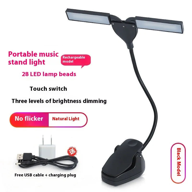 Black rechargeable music stand light with 28 LED lights for sheet music illumination