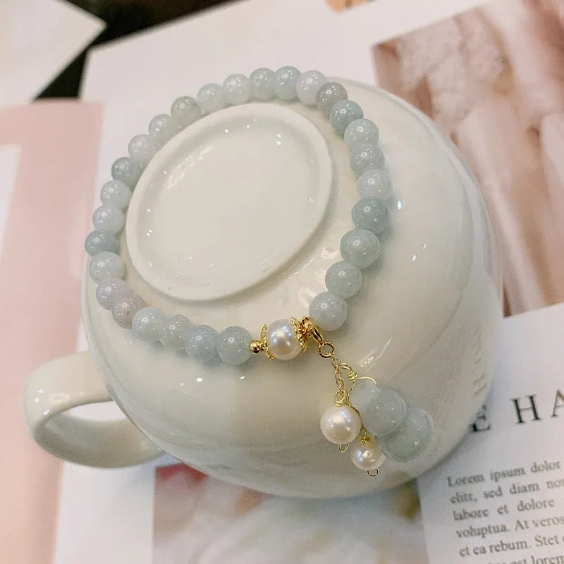 Natural emerald jade bracelet with pearl jade gourd accent, Chinese style women's handmade jewellery