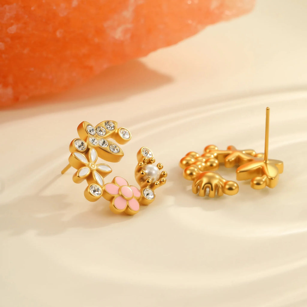 Diamond colourful oil flower stud earrings with petal design and 18K gold electroplating on stainless steel
