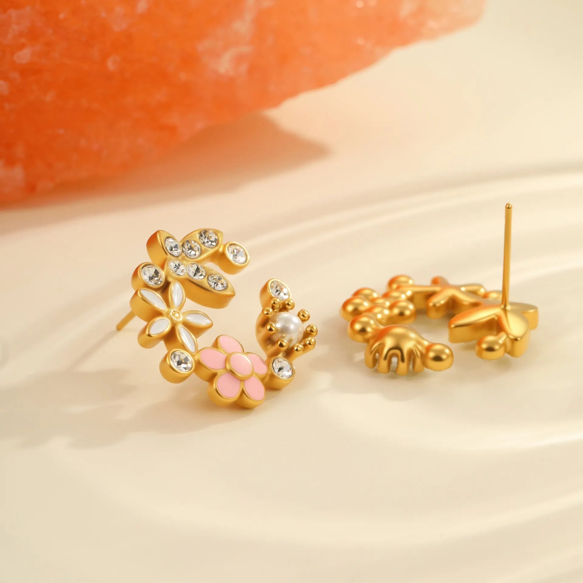 Diamond colourful oil flower stud earrings with petal design and 18K gold electroplating on stainless steel