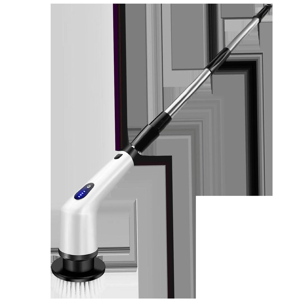White rechargeable handheld cleaning ball with brush attachments and USB charging cable