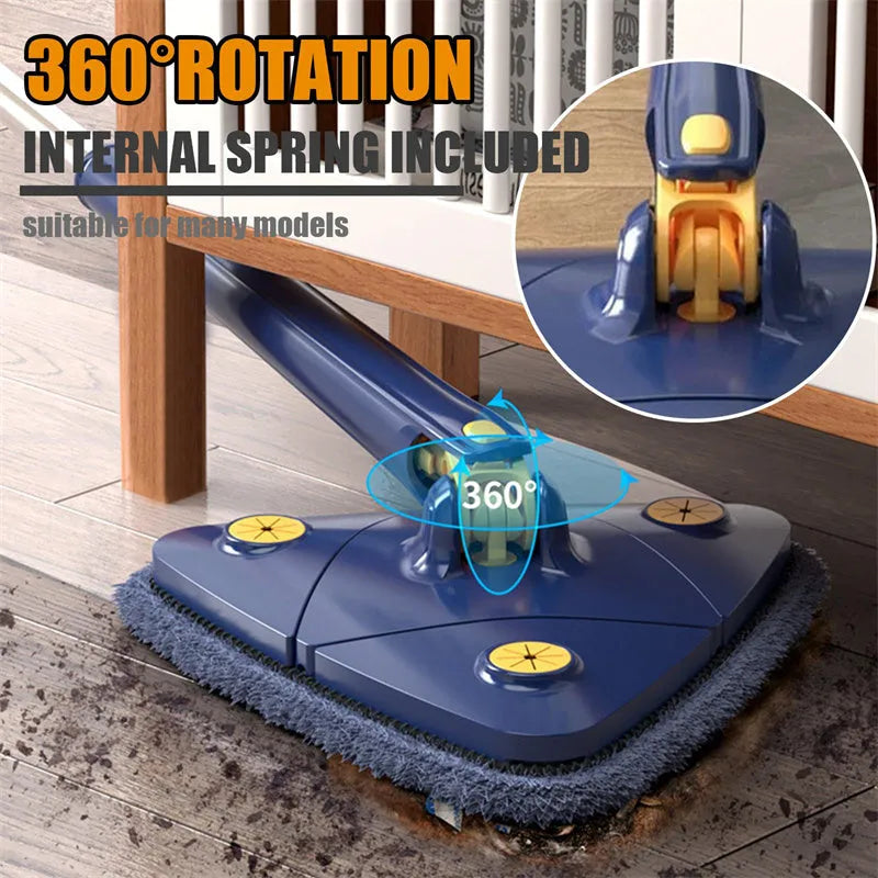 Blue extendable triangle cleaning mop with 360-degree rotating head and stainless steel pole