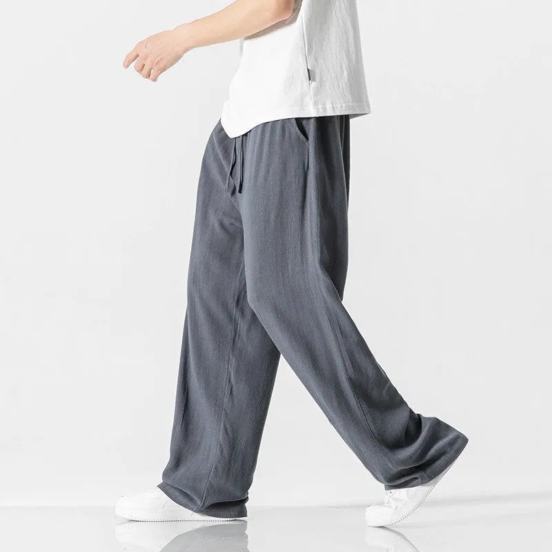 Men's straight-leg linen trousers in bamboo fabric with cropped length and drawstring waist