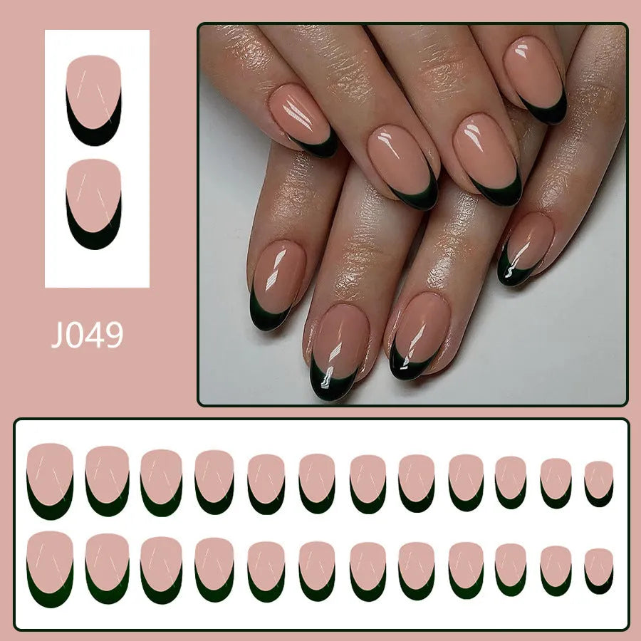 Simple black French style wear manicure 24 pieces short almond shape on neutral background