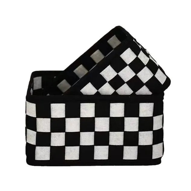 Checkerboard pattern grey and black felt storage basket with dimensions 37x29x19.5cm