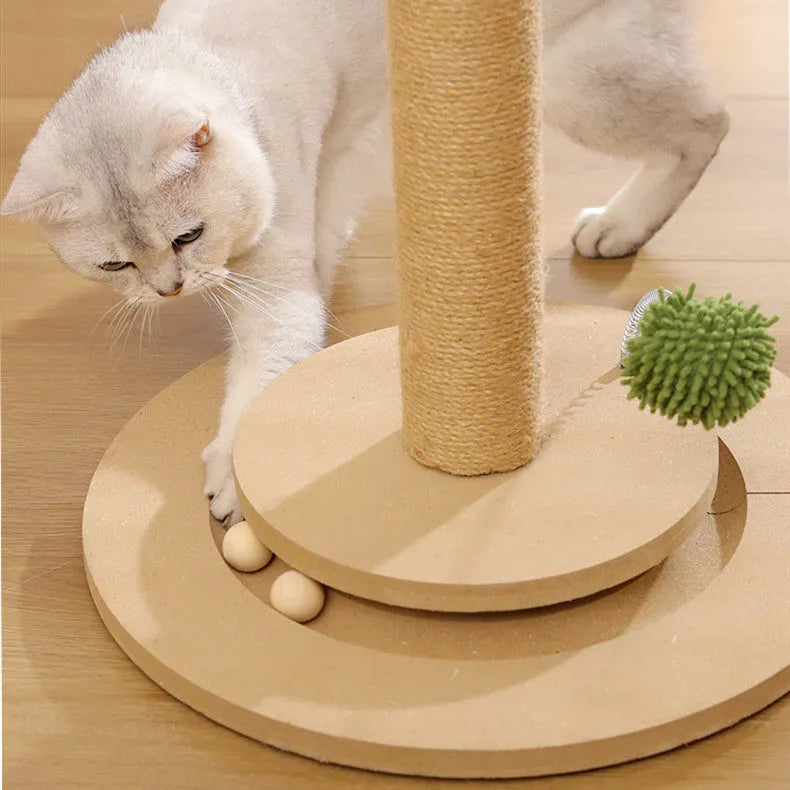 Vertical cat climbing frame with hemp rope posts in a canna colour with chamfered columns.