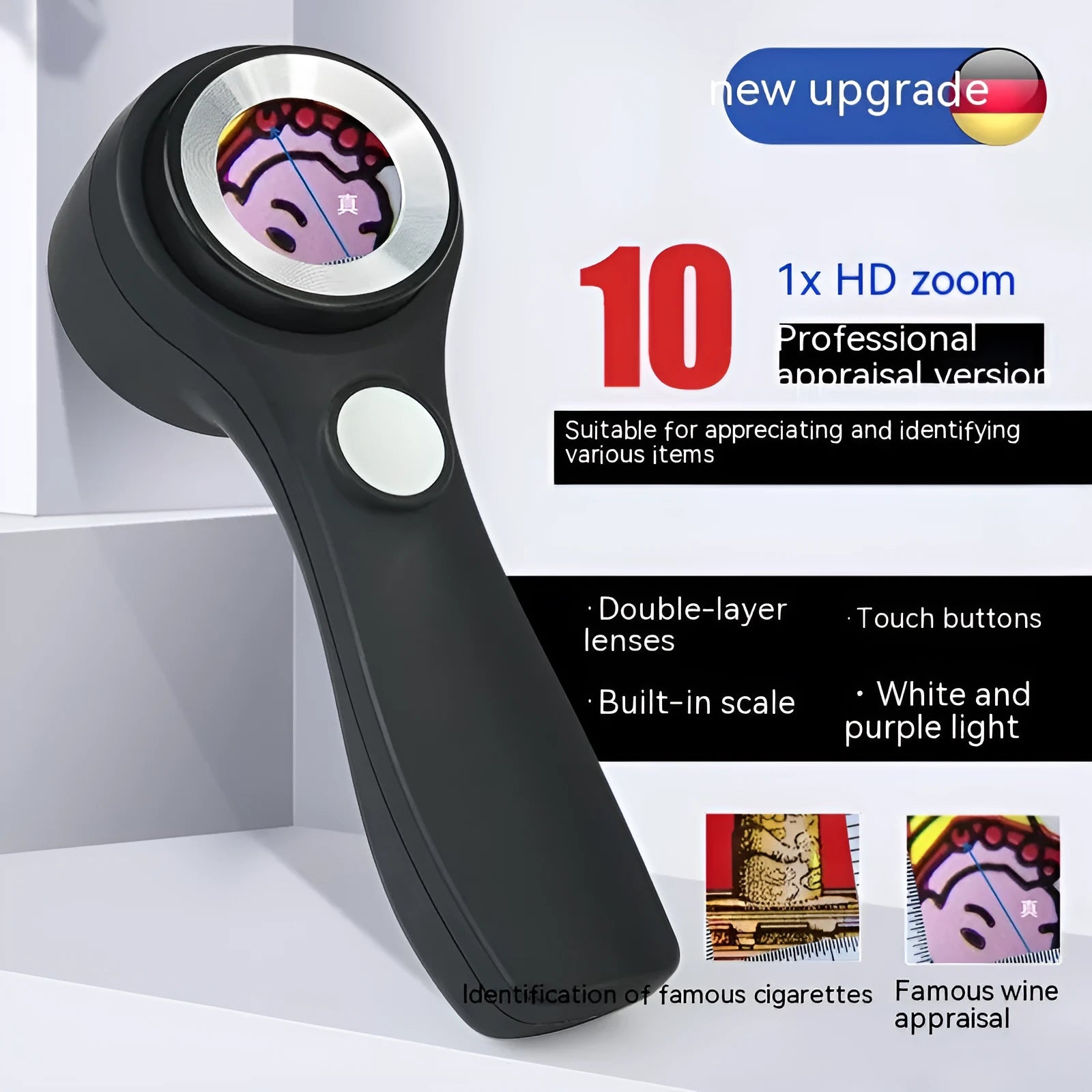 Black and silver jewelry tobacco alcohol appraisal magnifying glass with optical glass lens and USB C cable