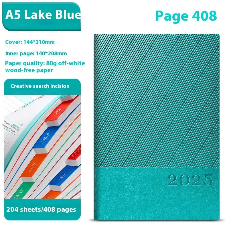 A5 business notepad with striped PU leather cover open on 80g wood-free paper, shown in Sky Blue colour.