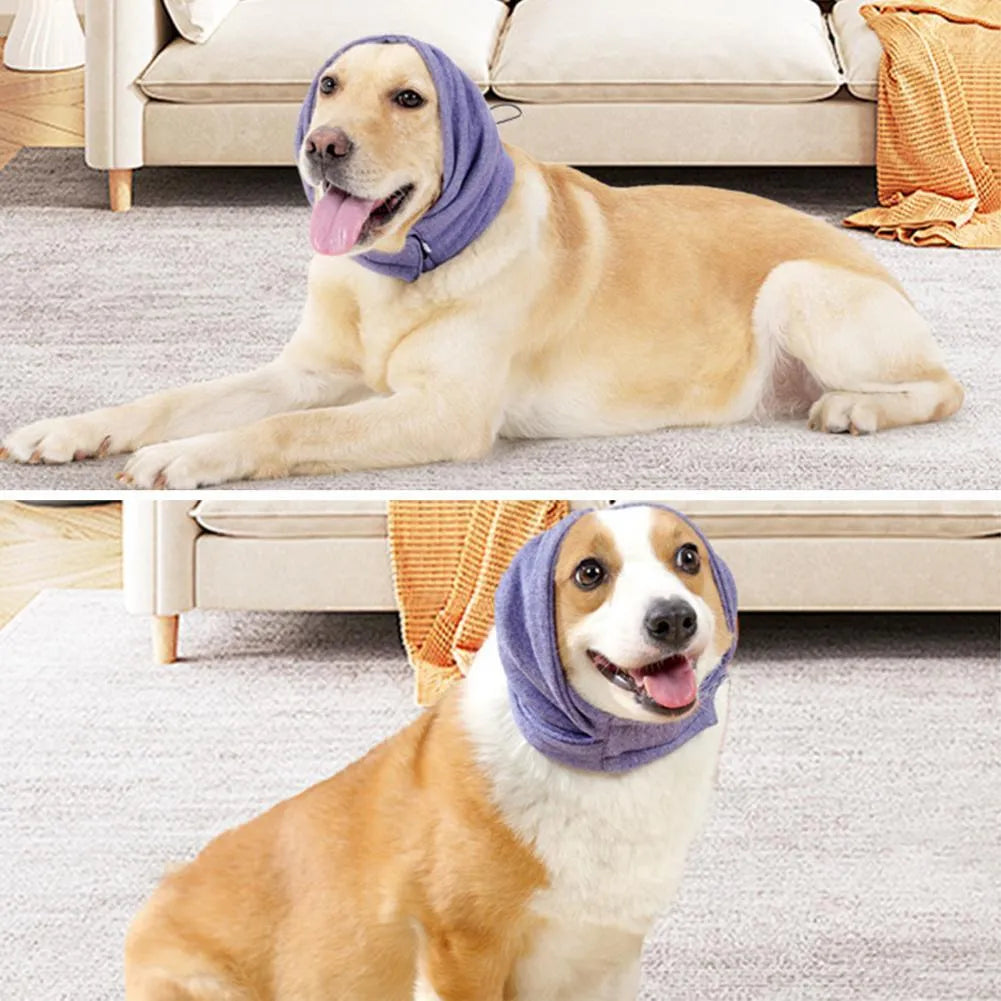 Black noise reduction dog hoodie covering ears and head, polyester fabric, used for calming anxiety and feeding hygiene