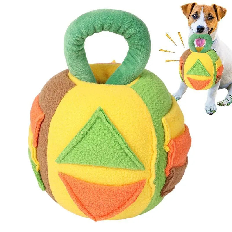 Green polyester dog plush squeaky ball toy with treat pockets, 12cm size