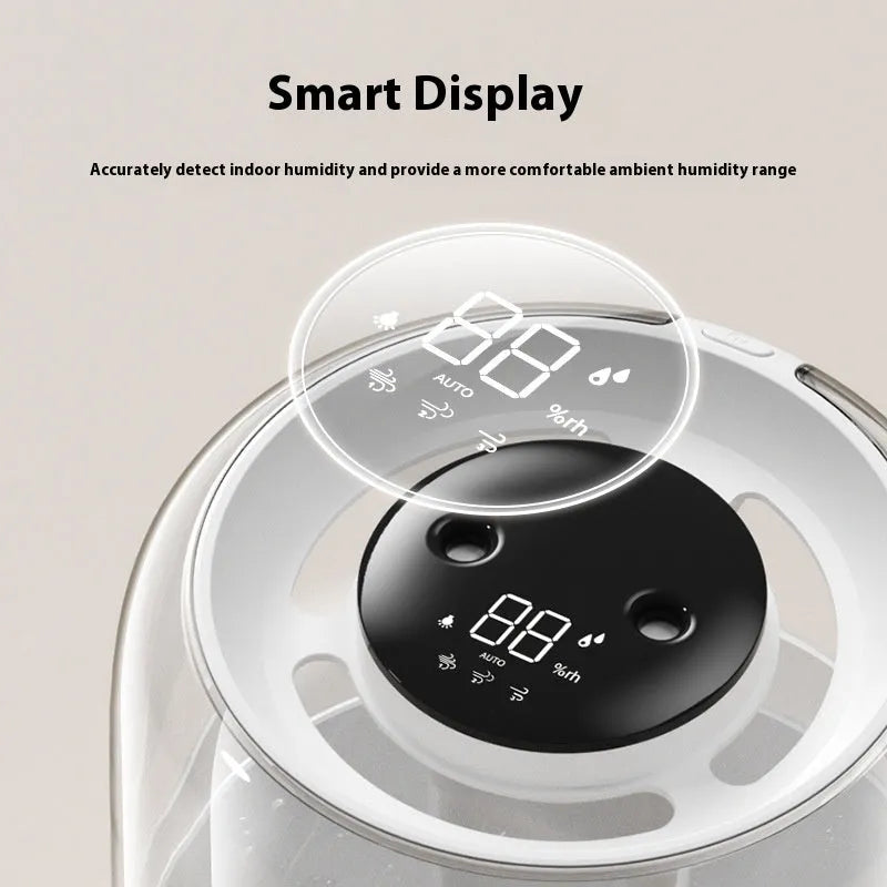 Beige round USB humidifier with dual spray nozzles, display screen, and night light
