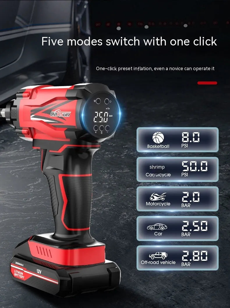 Red and black portable car air pump with digital display, power cable, and set of inflation nozzles.