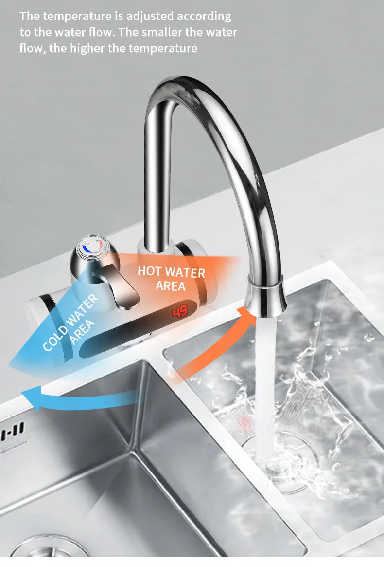 White electric water heater tap with digital temperature display showing temperature reading