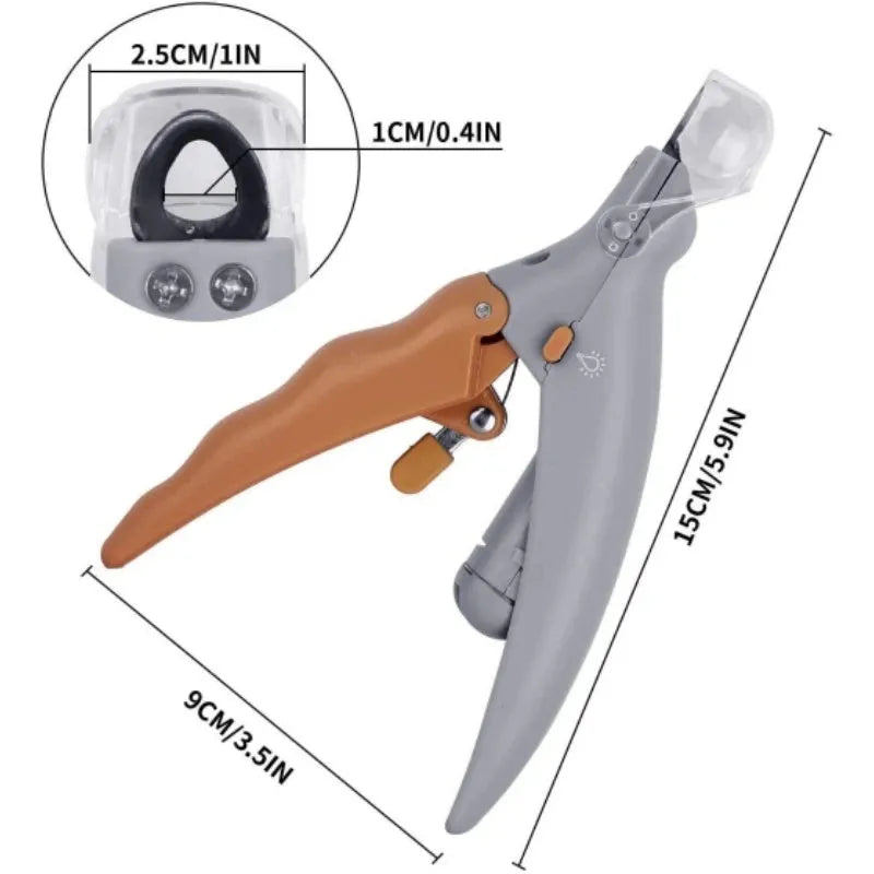 Yellow pet nail clipper with built-in LED light and magnifying feature for dogs and cats.