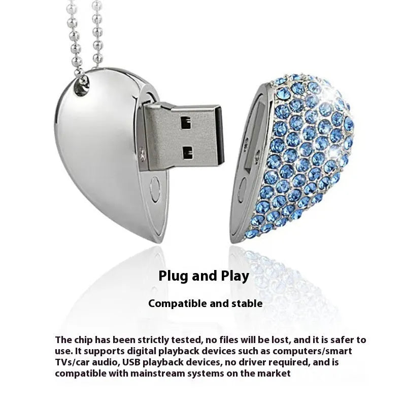 Heart-shaped brick-patterned metal USB flash drive on display in blue.