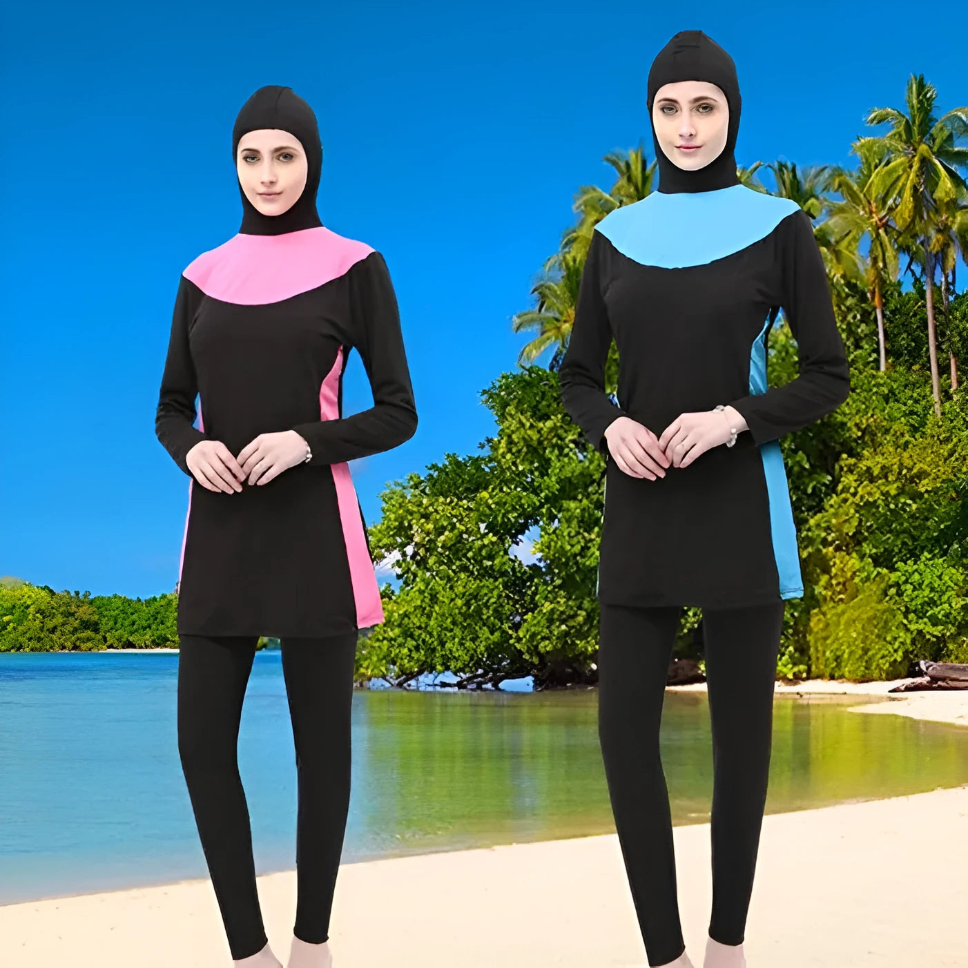 Conservative women's hooded long sleeve one-piece swimsuit for swimming, shown in black with rose red colour.