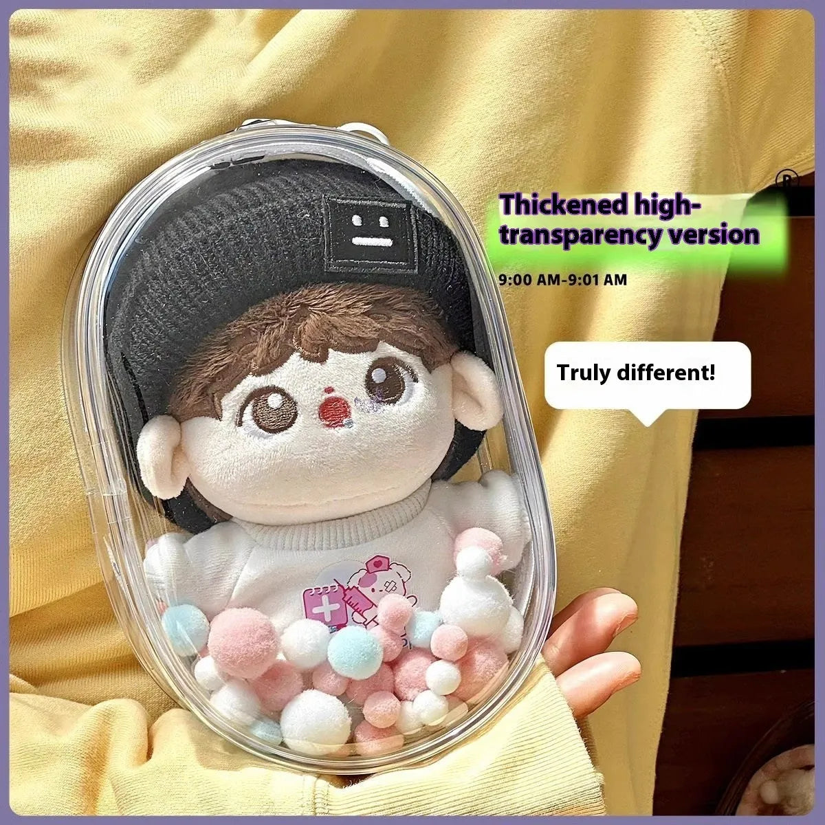 Transparent PVC cube storage bag with colourful balls for drying cotton dolls