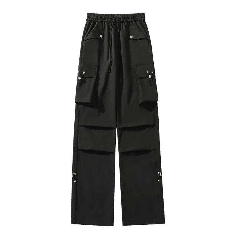 Plus size loose straight-leg waterproof trousers in black, available in sizes M to 5XL.