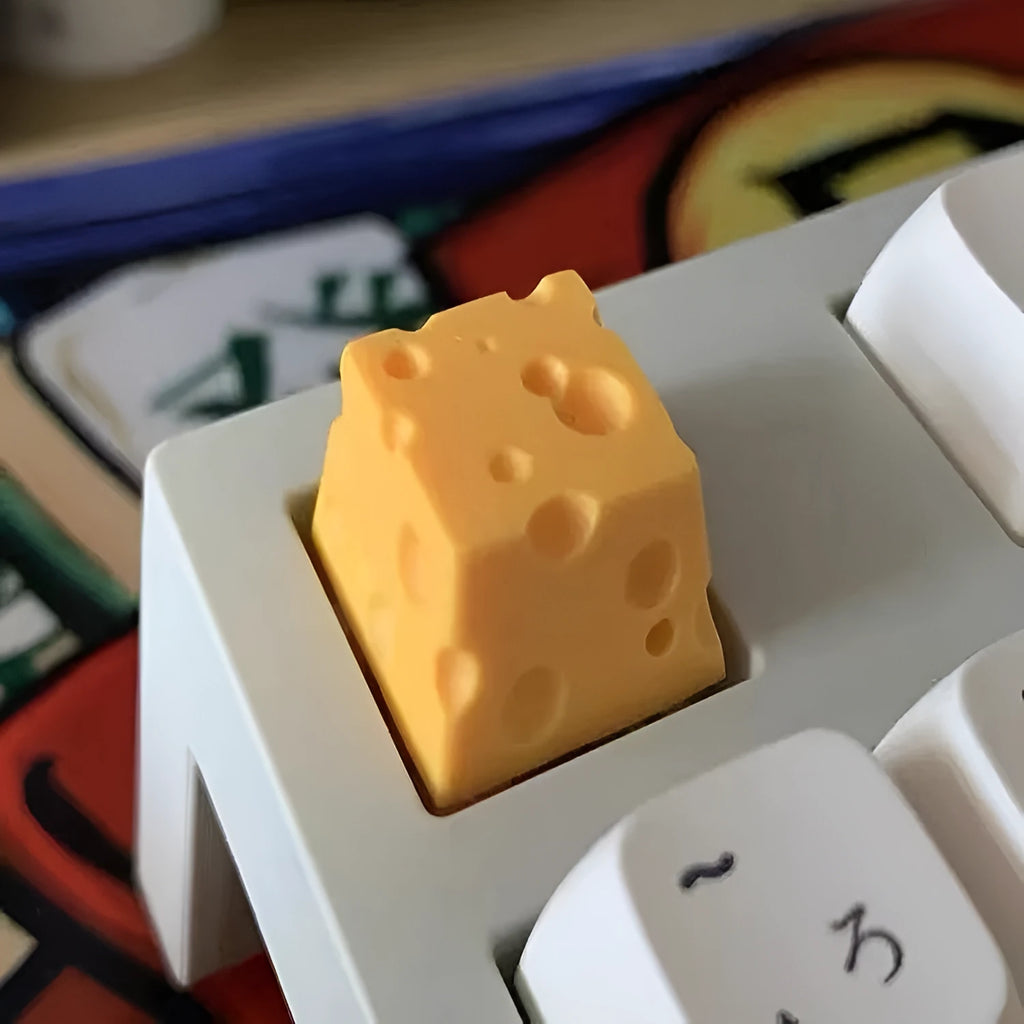 Yellow resin cheese key cap for mechanical keyboards with food-themed design