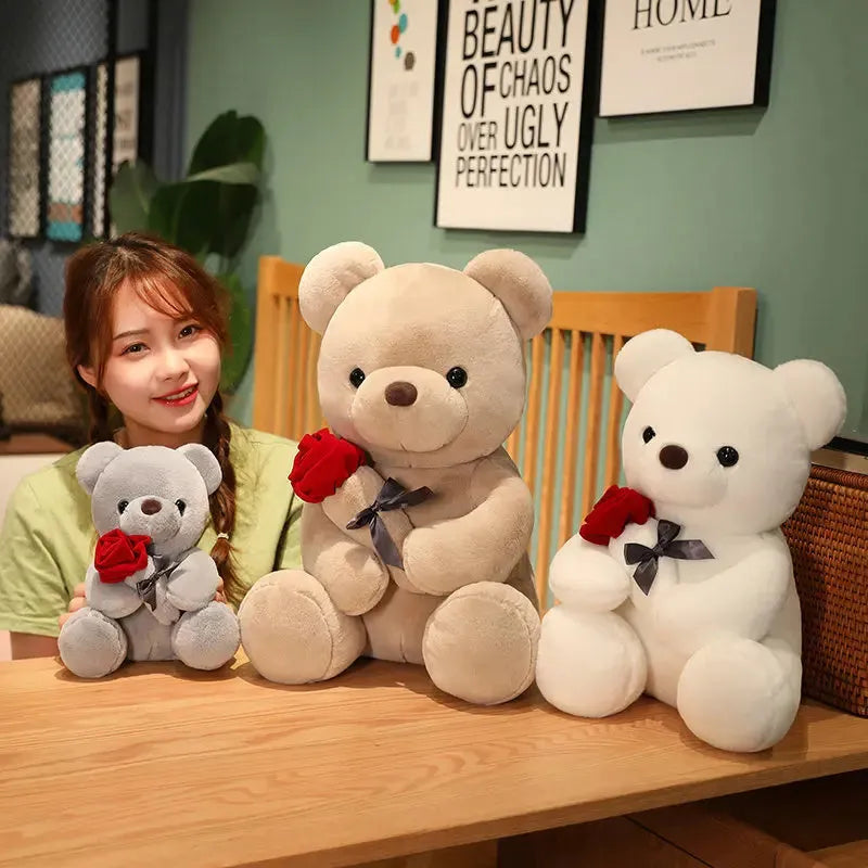 Plush teddy bear doll pillow in beige, brown or grey with soft short plush material and PP cotton filling