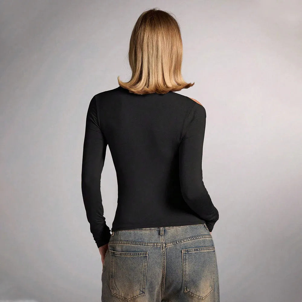 Black women's slim fit halter top with long sleeves and a strapless neckline.