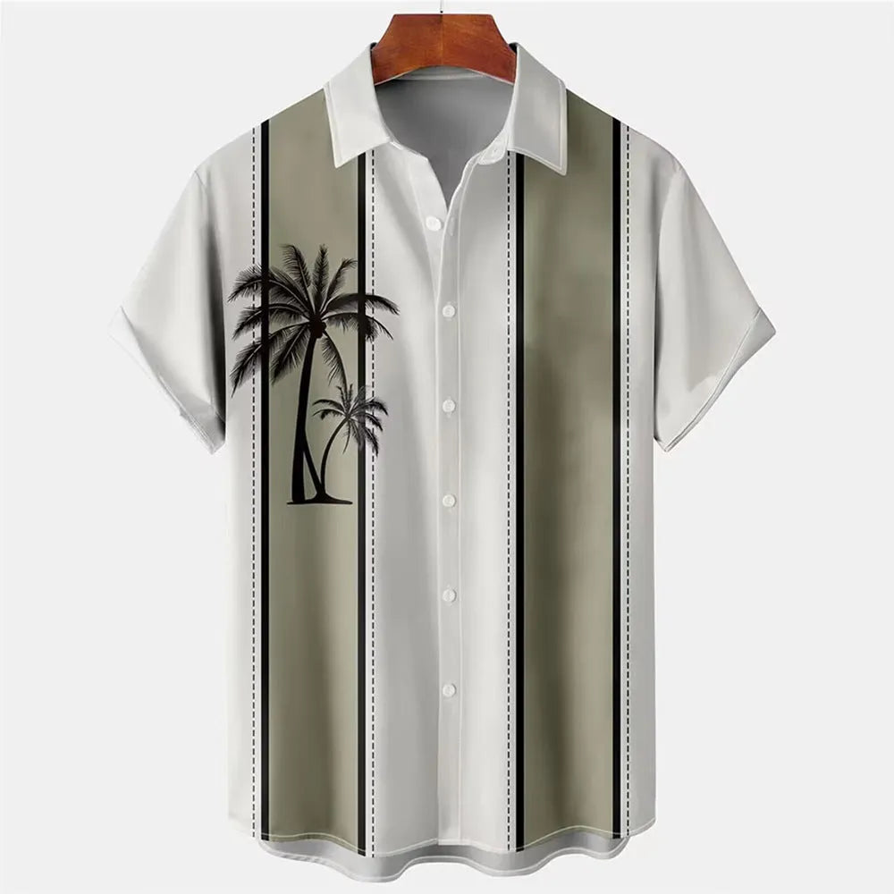 Hawaiian men's 3D printed short-sleeved cardigan shirt in green and blue tropical pattern, front view