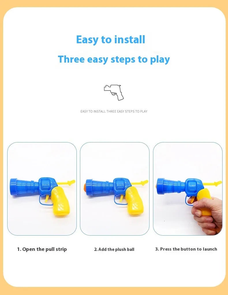 Colourful plush pet toy gun launching soft yarn balls for dogs to fetch
