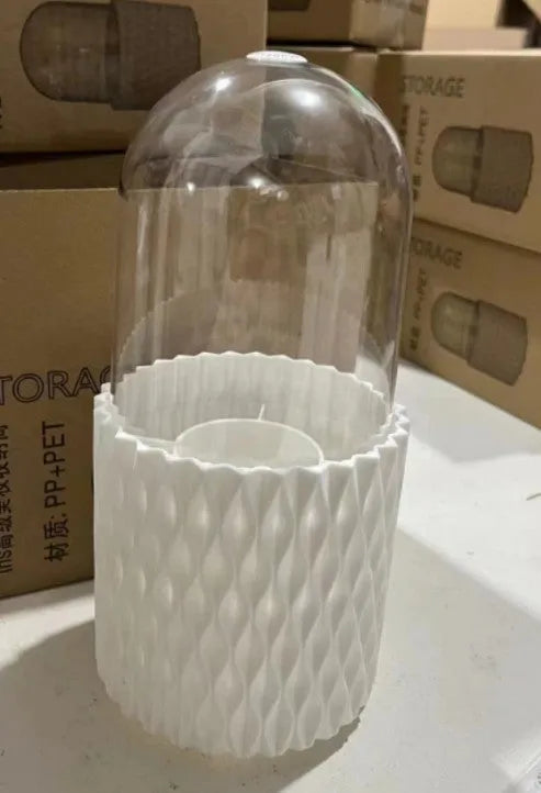 White acrylic makeup brush storage box with transparent dust cover and rotating design
