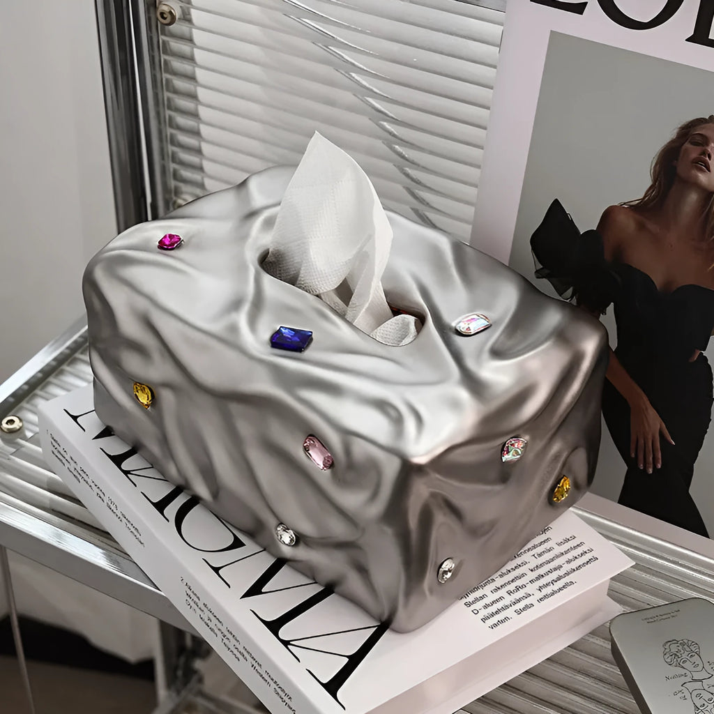 Light luxury ceramic tissue box with gem party design in matte coconut milk white finish