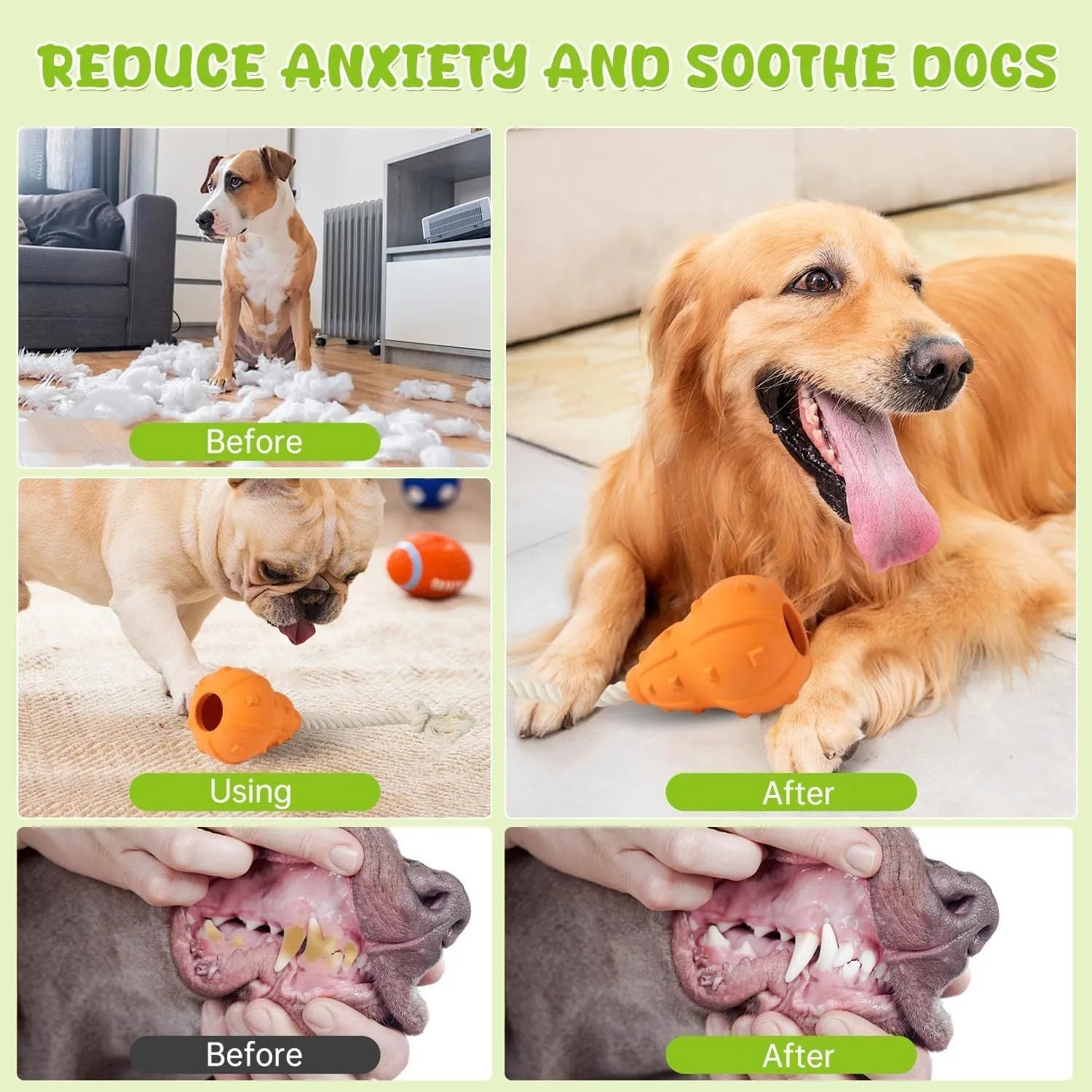 Natural rubber dog chew toy with a long strap and hollow centre for treat dispensing.